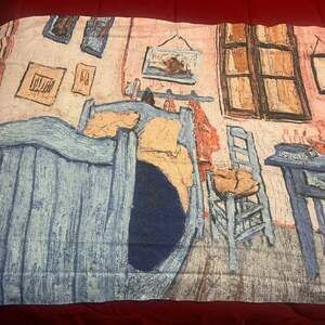 100% Wool Scarf Van Gogh "Bedroom-at-Arles" Blue Peach 70” X 27” w Fringe Scarf